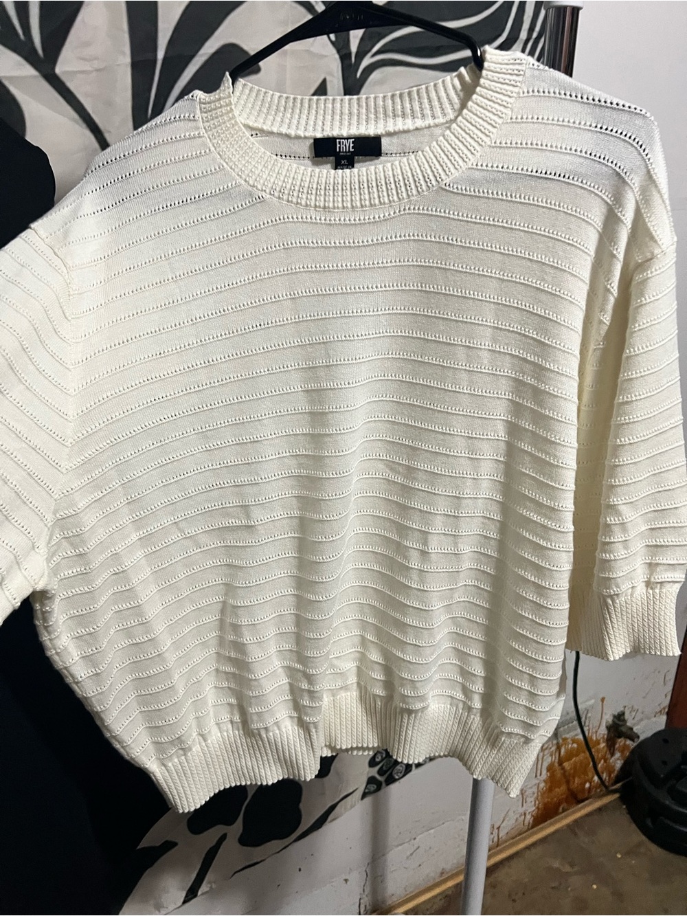 FRYE WhiteTextured Knit Short Sleeve Sweater XL